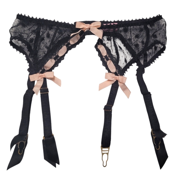 Agent Provocateur Black Lace Garter Belt Pink Bow Mesh Size M - Picture 3 of 13